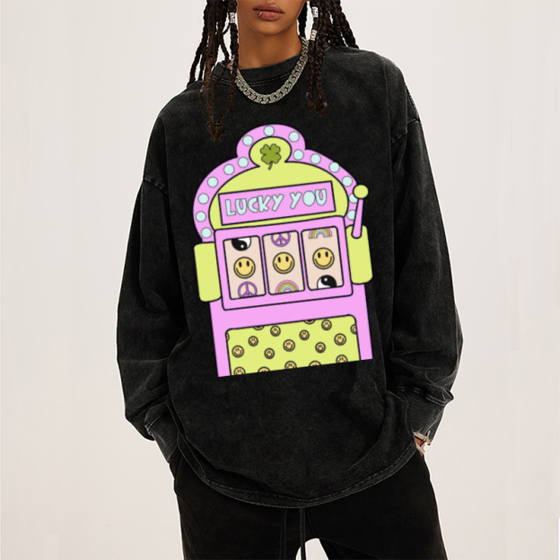 Lucky You Unisex Casual Washed Printed Round Neck Long Sleeve T-shirt