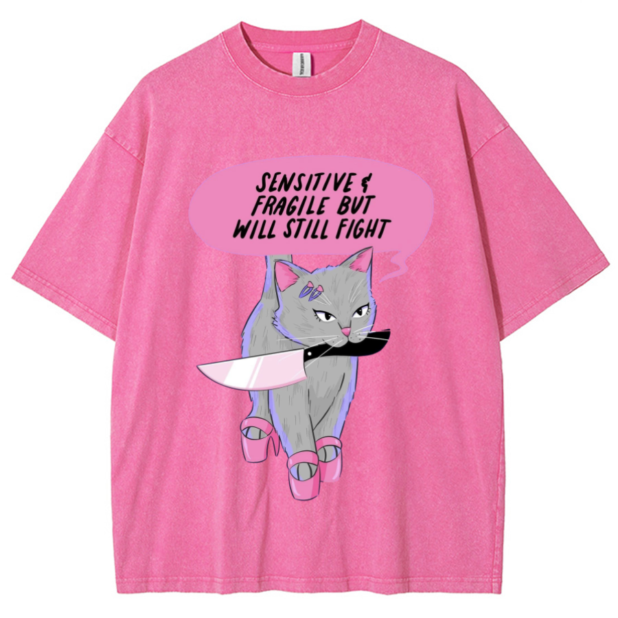 Sensitive Cat Unisex Printed Retro Washed Short Sleeved T-Shirt-Print-cool