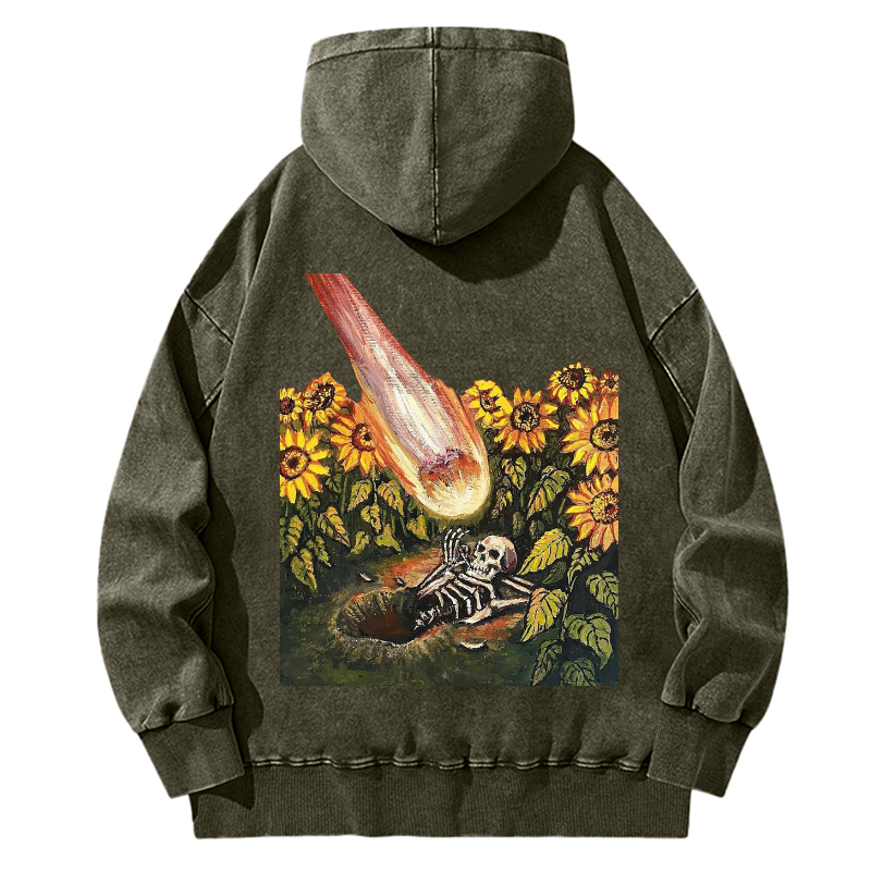 Unisex Casual Washed Sunflower Skull Illustration Printed Hoodie Sweatshirt