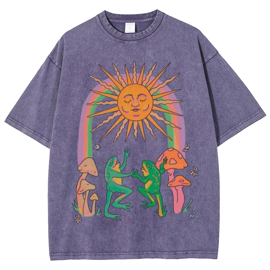 Funny Frog Unisex Oversized Print Vintage Wash Denim T-Shirt