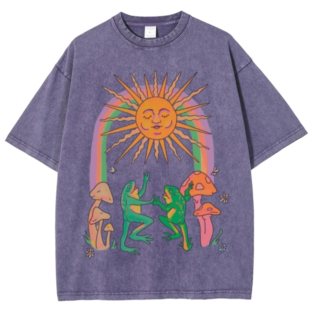 Funny Frog Unisex Oversized Print Vintage Wash Denim T-Shirt
