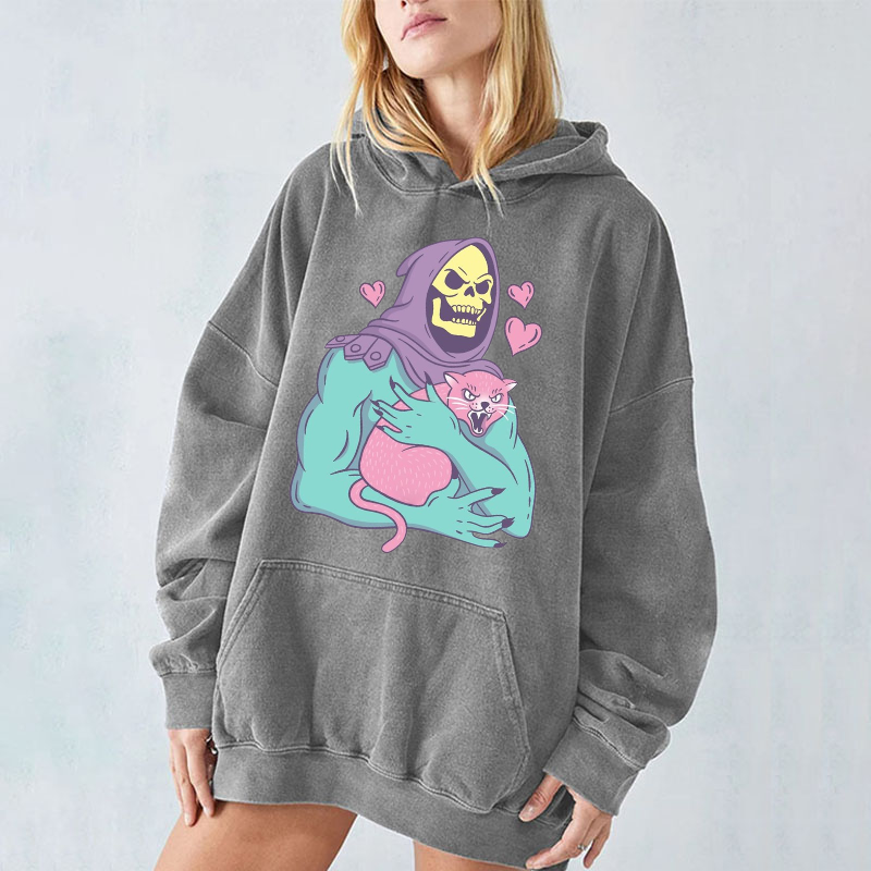Funny Skull Cat Unisex Printed Casual Washed Hoodie Sweatshirt