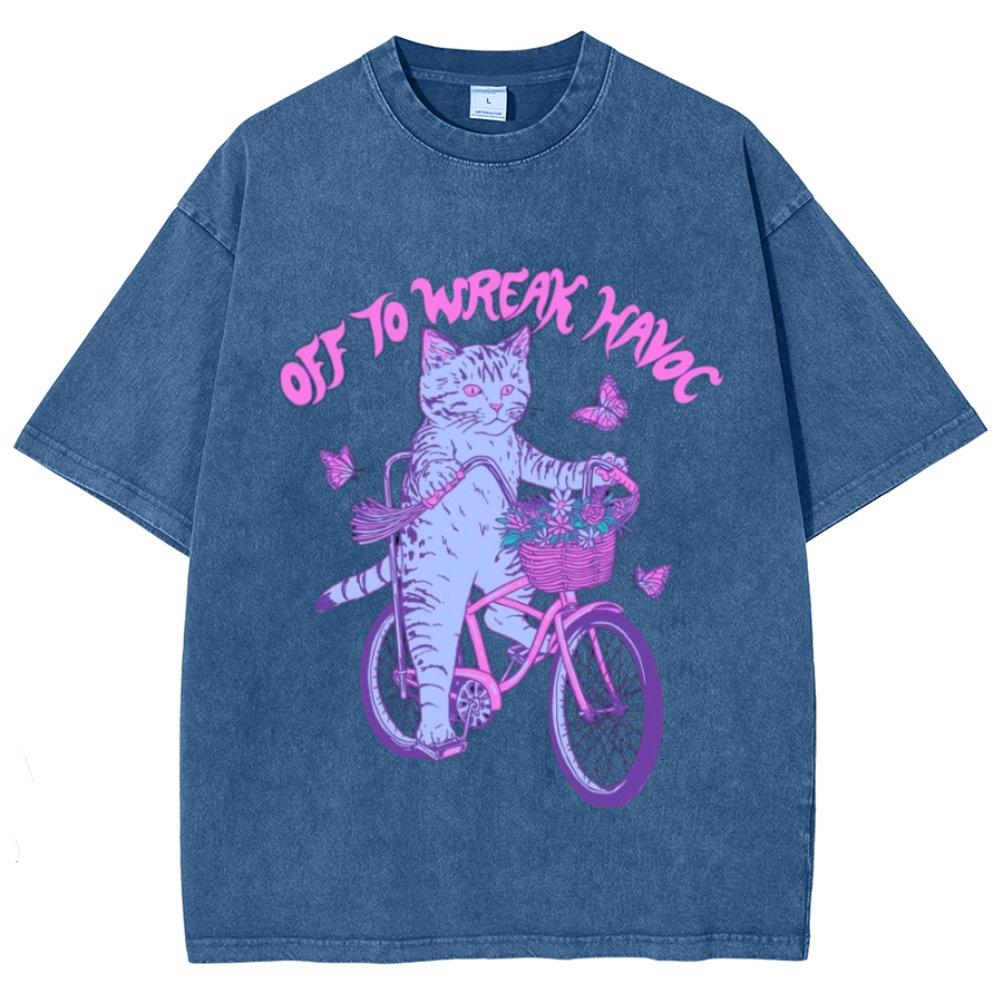 Off To Wreak Havoc Unisex Oversized Print Vintage Wash Denim T-Shirt