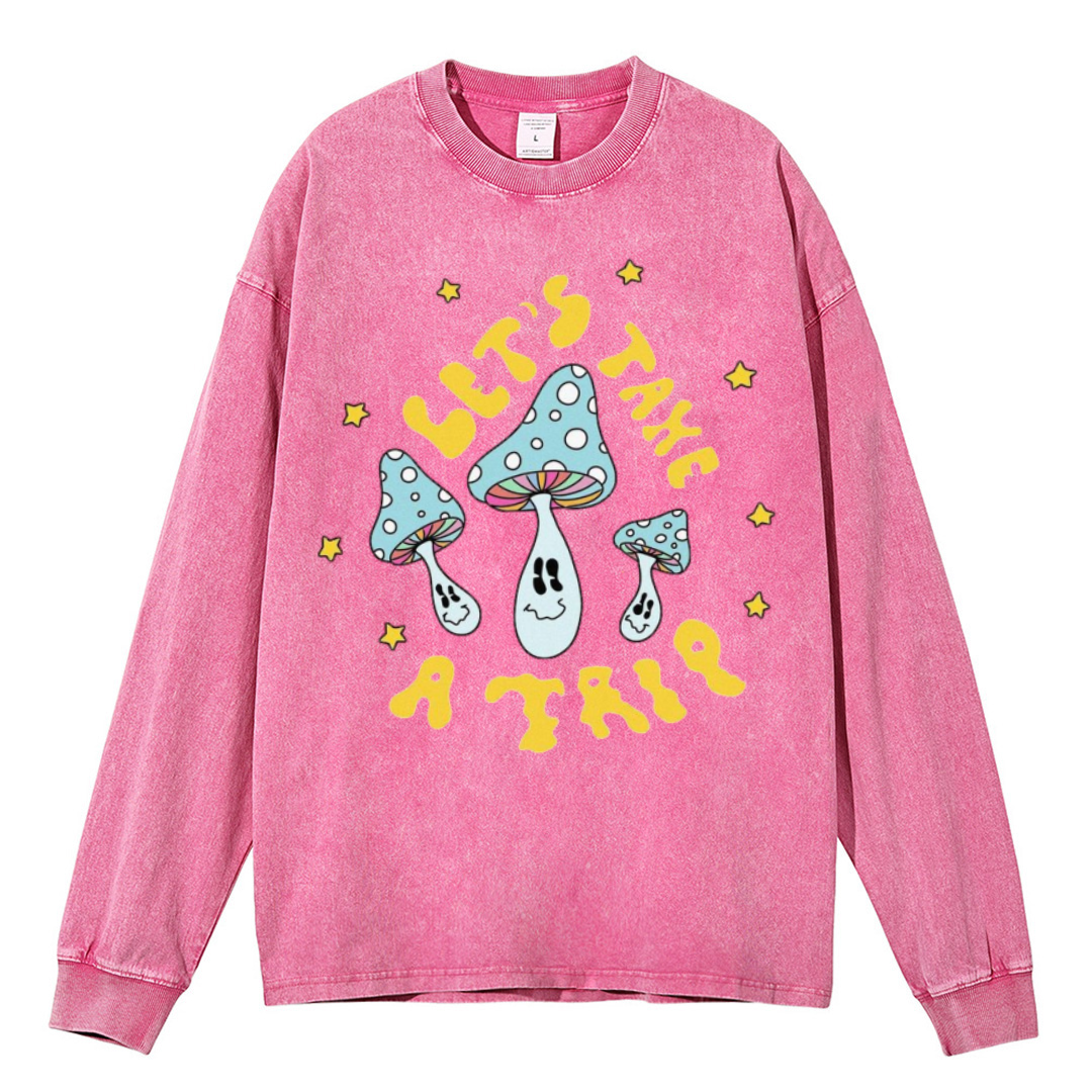 Lets Take A Trip Unisex Casual Washed Printed Round Neck Long Sleeve T-shirt
