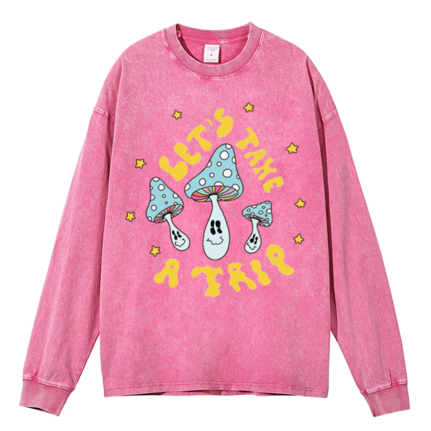 Lets Take A Trip Unisex Casual Washed Printed Round Neck Long Sleeve T-shirt
