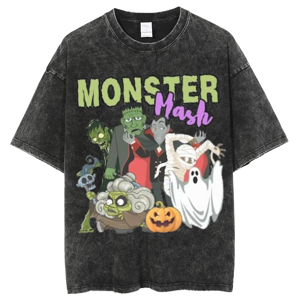 Monster Mash Unisex Printed Retro Washed Short Sleeved T-Shirt