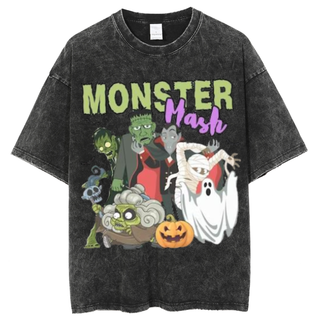 Monster Mash Unisex Printed Retro Washed Short Sleeved T-Shirt