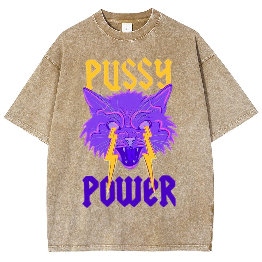 Pussy Power Unisex Oversized Print Vintage Wash Denim T-Shirt-Print-cool