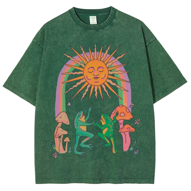 Funny Frog Unisex Oversized Print Vintage Wash Denim T-Shirt