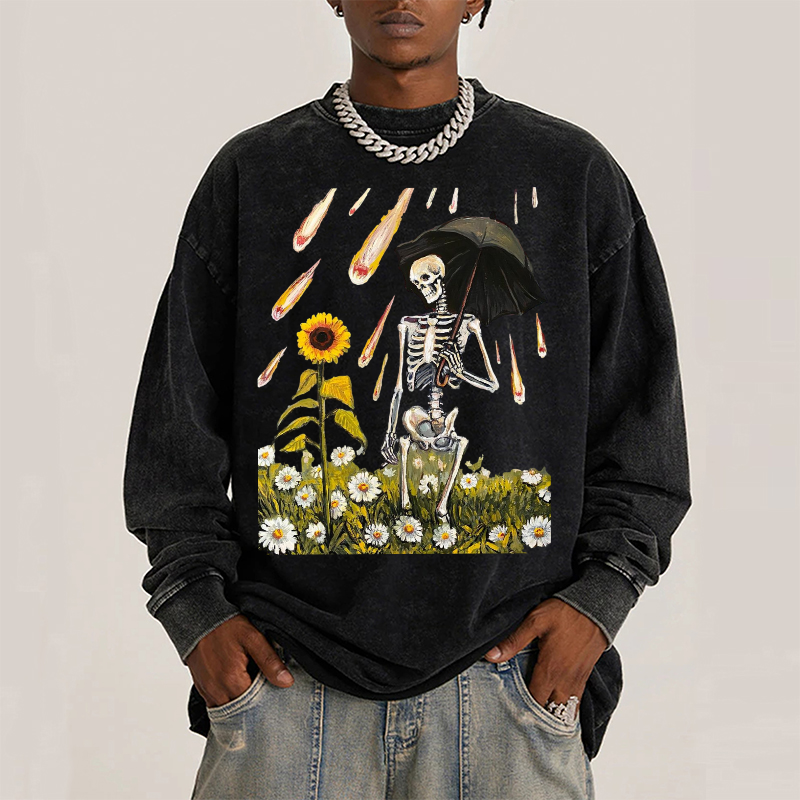 Sunflower Skull Unisex Washed Printed Round Neck Long Sleeve T-Shirt-Print-cool