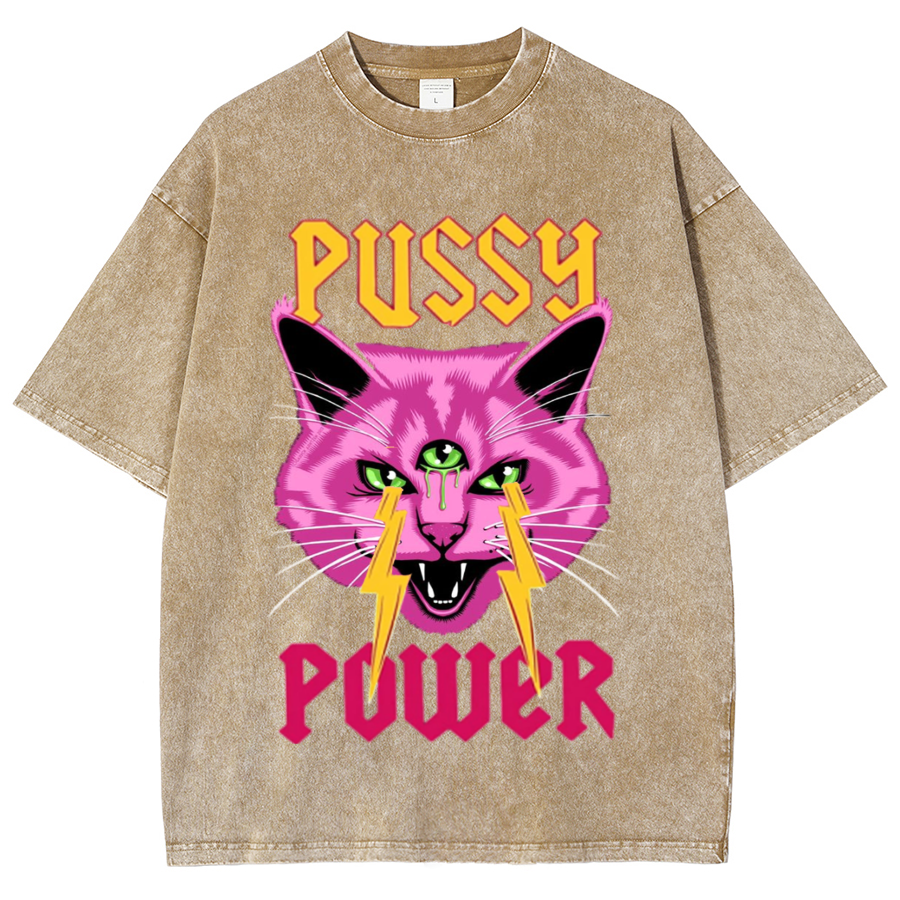 Pussy Power Unisex Oversized Print Vintage Wash Denim T-Shirt