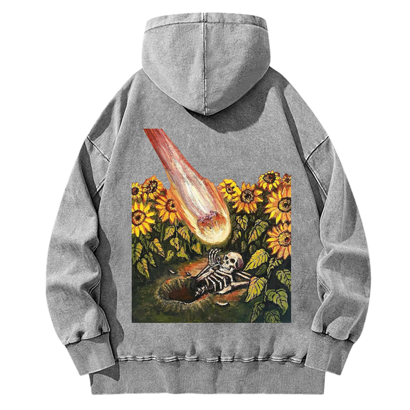 Unisex Casual Washed Sunflower Skull Illustration Printed Hoodie Sweatshirt