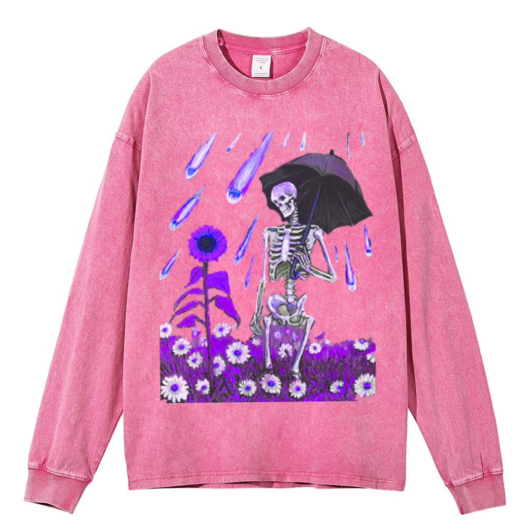 Sunflower Skull Unisex Casual Washed Printed Round Neck Long Sleeve T-shirt