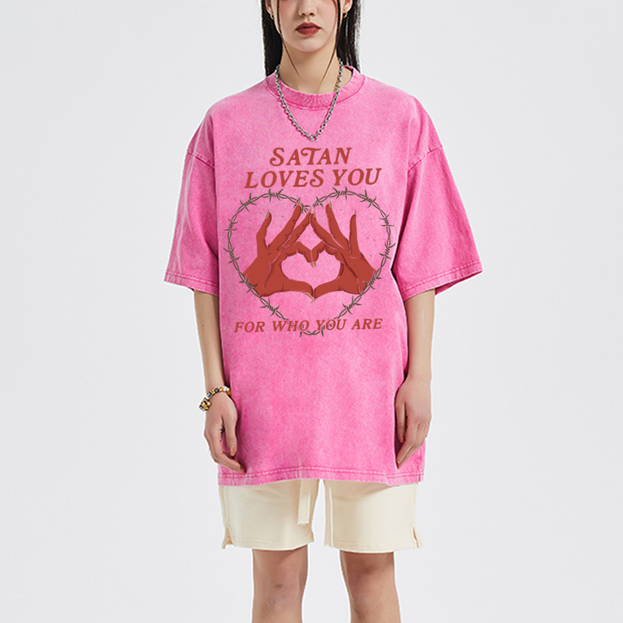Satan Loves You Unisex Oversized Print Vintage Wash Denim T-Shirt