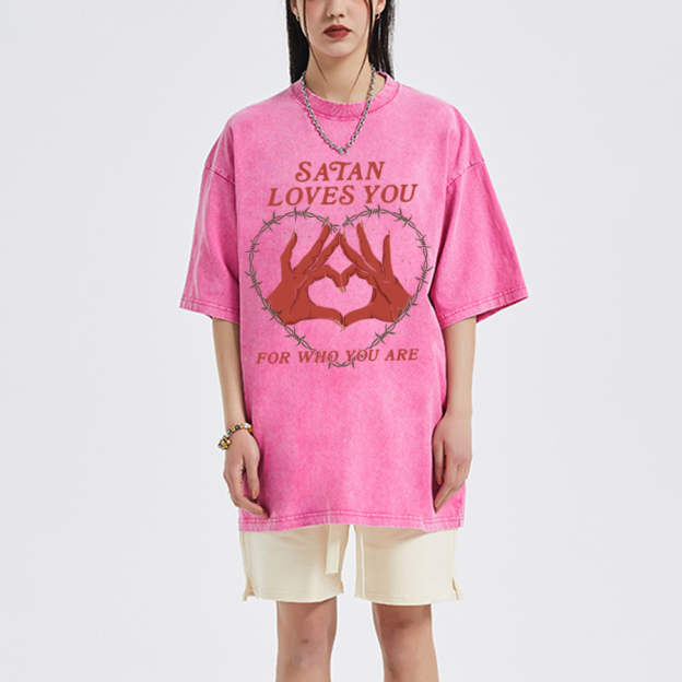 Satan Loves You Unisex Oversized Print Vintage Wash Denim T-Shirt