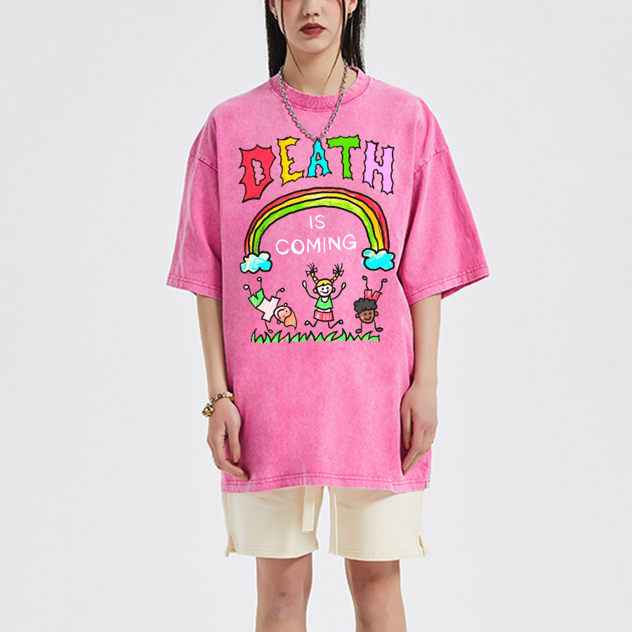 Death Is Coming Unisex Oversized Print Vintage Wash Denim T-Shirt
