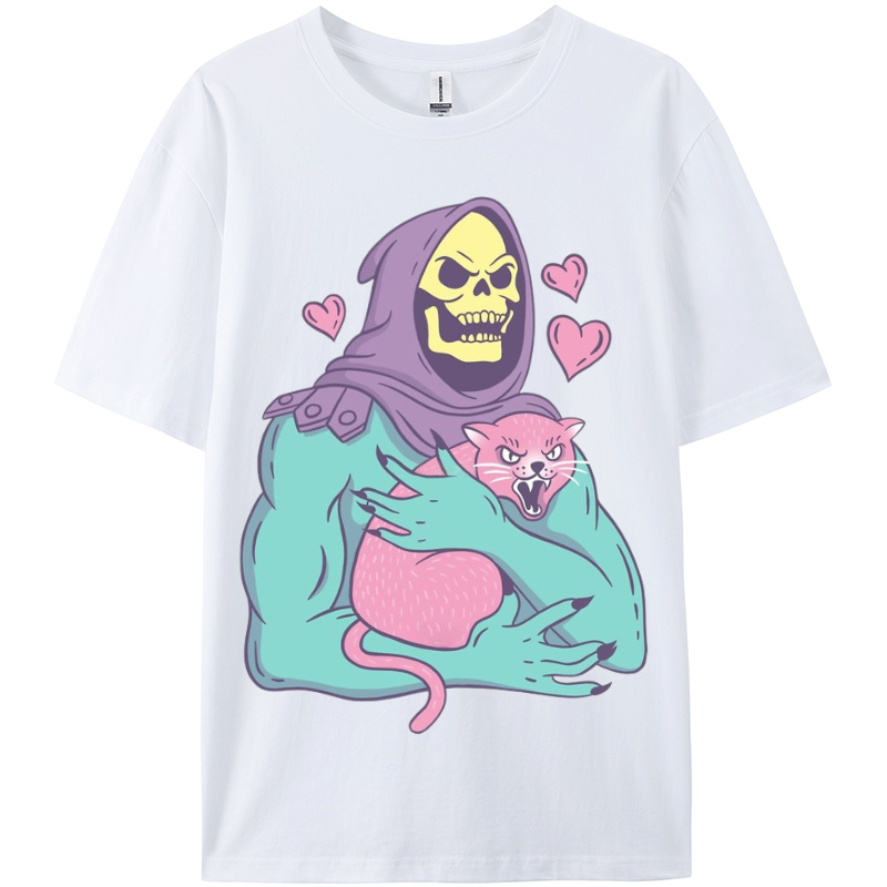 Funny Skull Cat Women Round Neck Casual Short Sleeve T-Shirt