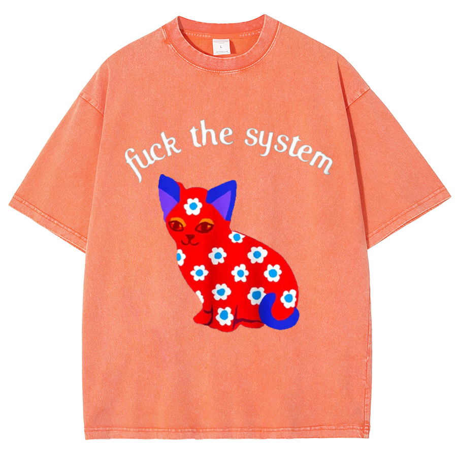 F The System Unisex Oversized Print Vintage Wash Denim T-Shirt-Print-cool
