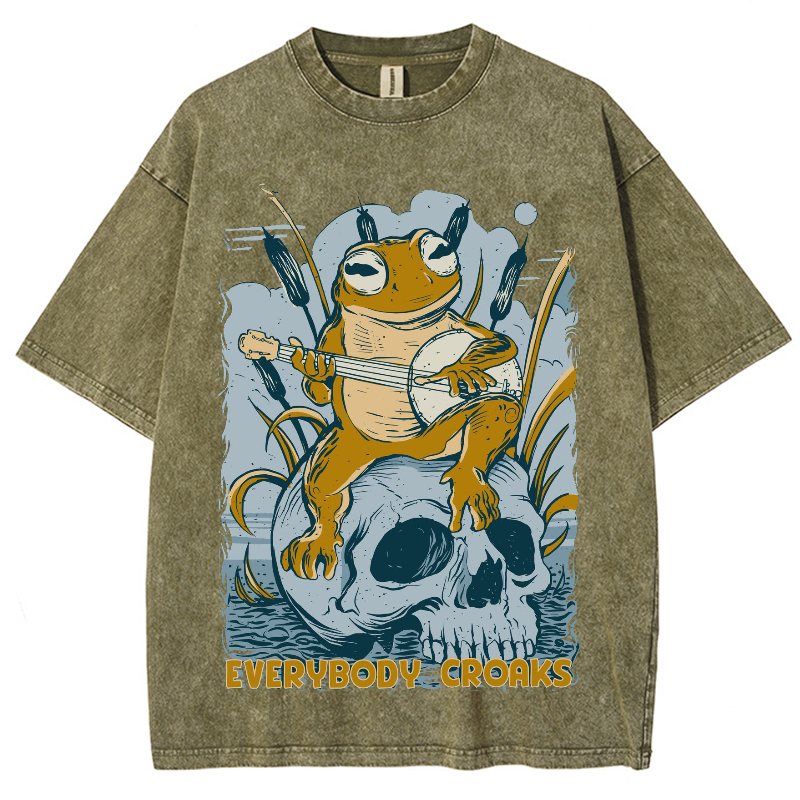 Rock Frog Skull Unisex Vintage Wash Denim T-Shirts-Print-cool
