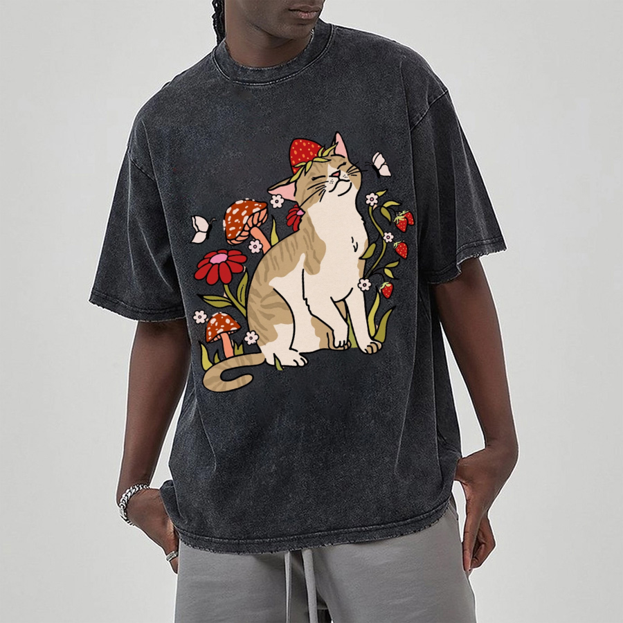 Cat And Plant Unisex Printed Retro Washed Short Sleeved T-Shirt-Print-cool
