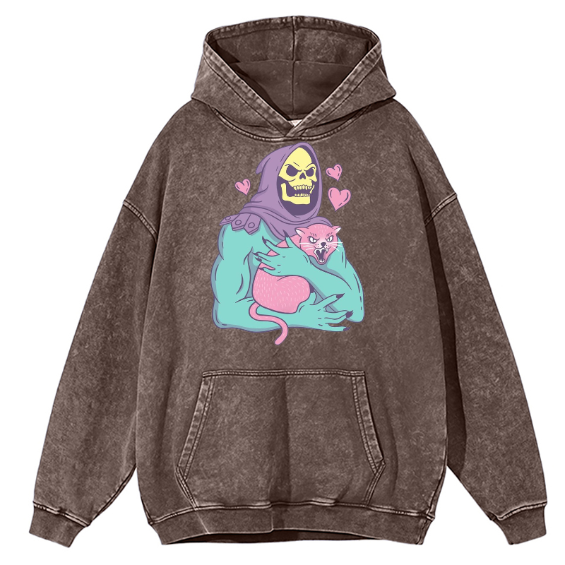 Funny Skull Cat Unisex Printed Casual Washed Hoodie Sweatshirt