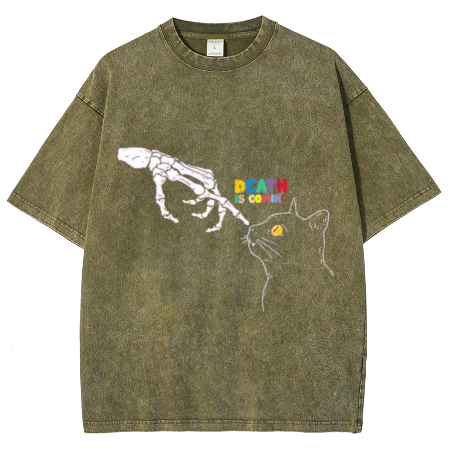 Death Is Coming Unisex Oversized Print Vintage Wash Denim T-Shirt-Print-cool