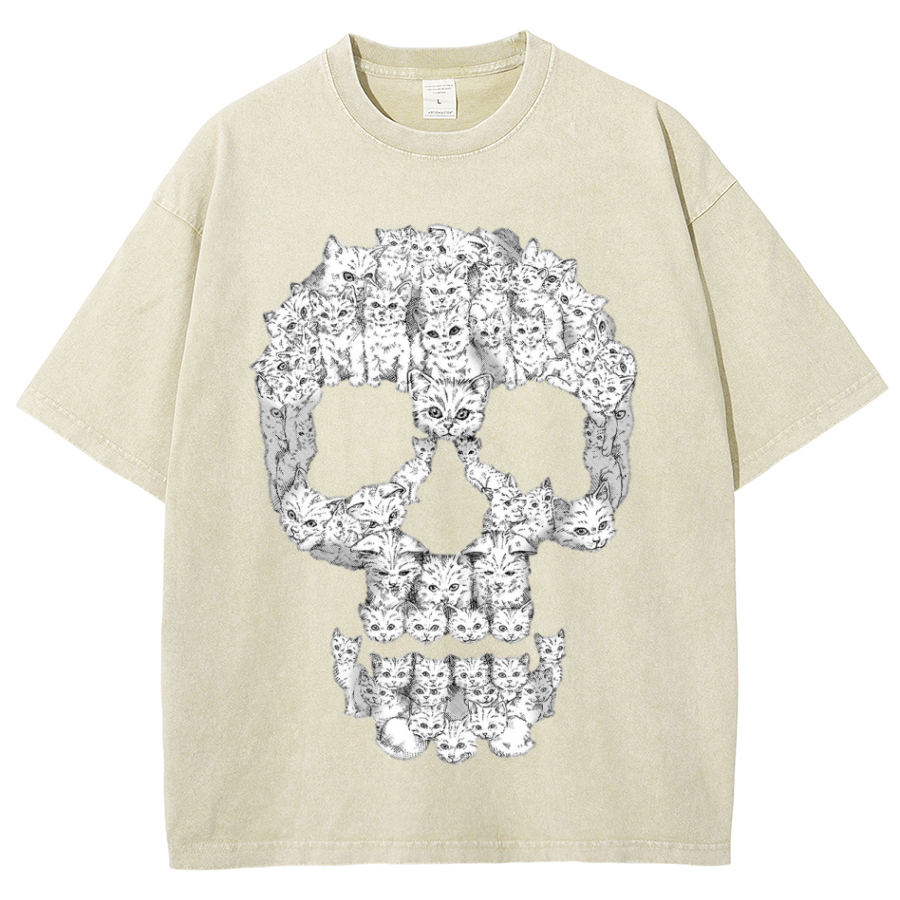 Kitty Skull Unisex Oversized Print Vintage Wash Denim T-Shirt