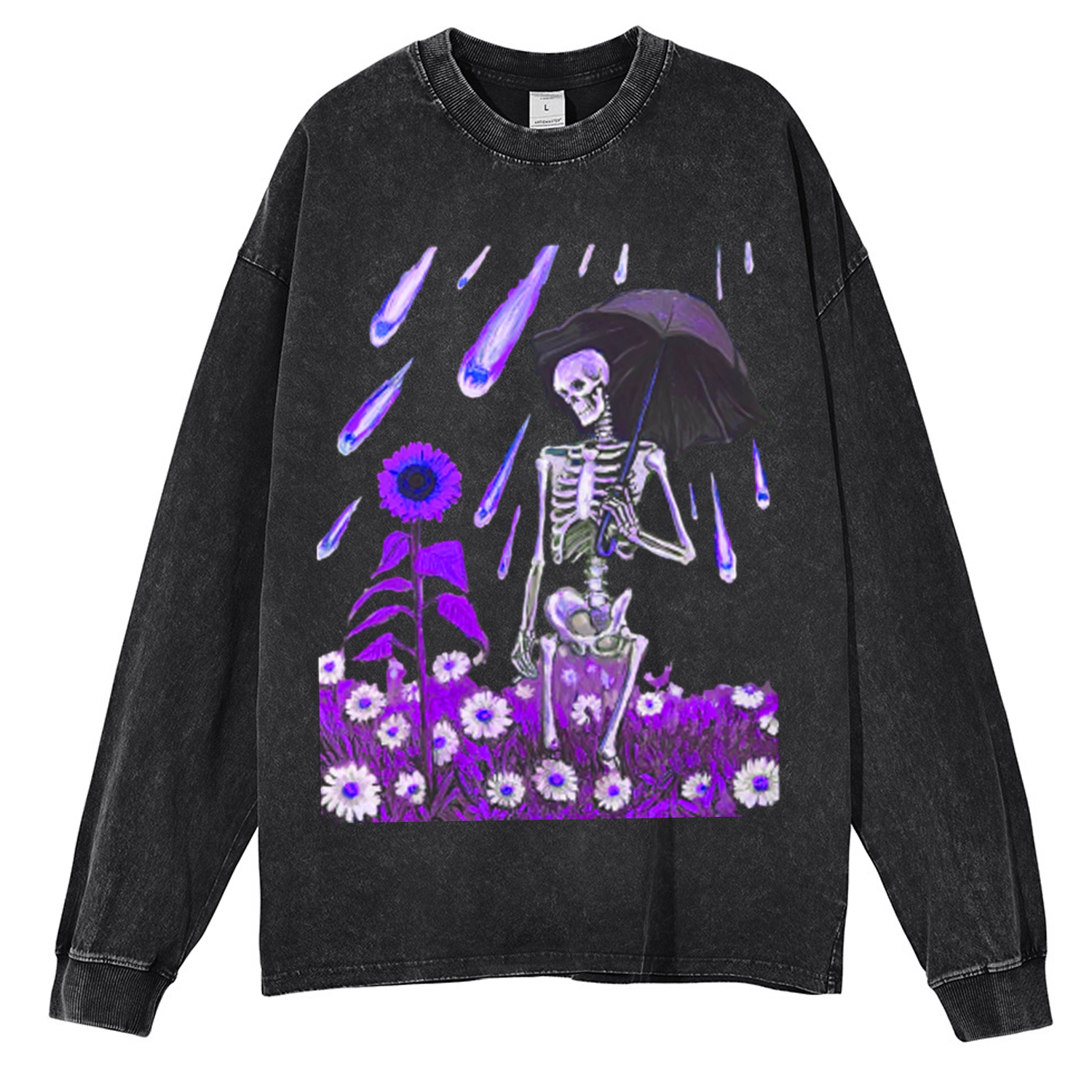 Sunflower Skull Unisex Casual Washed Printed Round Neck Long Sleeve T-shirt