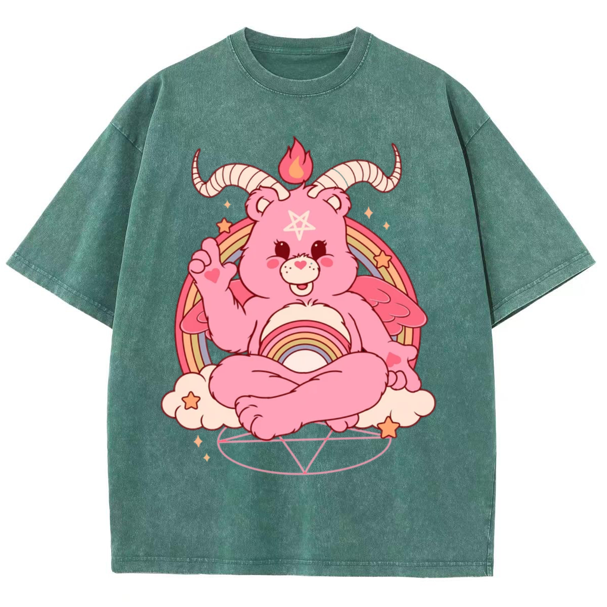 Funny Bear Unisex Printed Retro Washed Short Sleeved T-Shirt