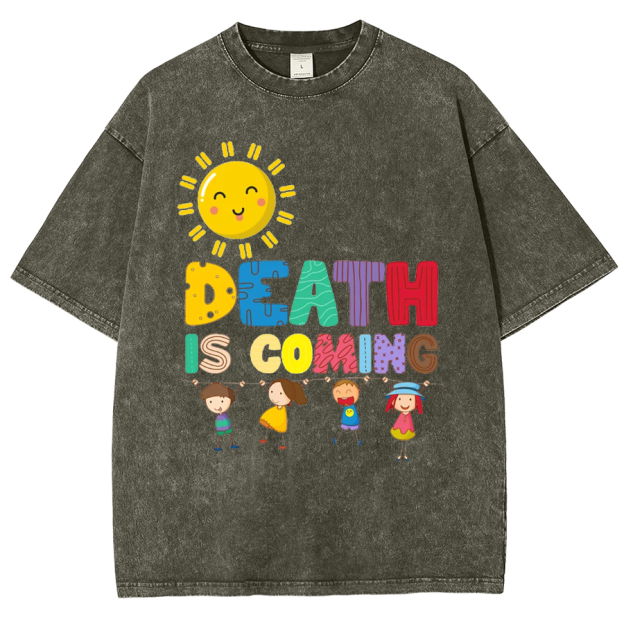 Death Is Coming Unisex Oversized Print Vintage Wash Denim T-Shirt