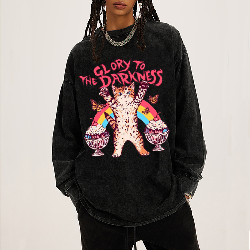 Darkness Unisex Washed Printed Round Neck Long Sleeve T-Shirt-Print-cool