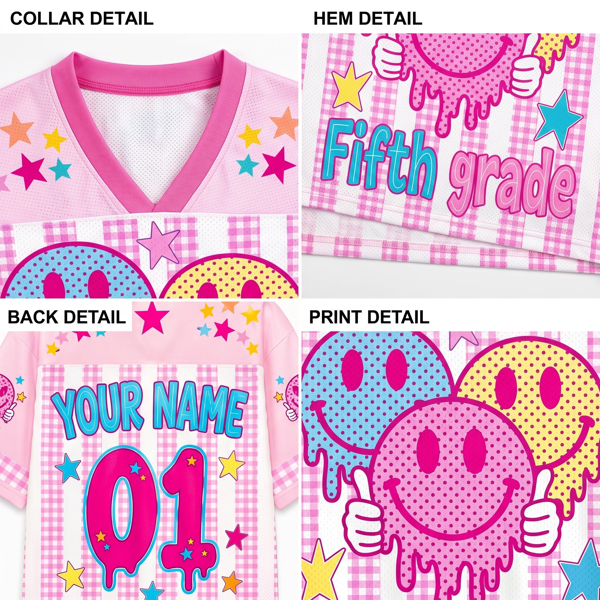 Chaotic Club Smiley Face Striped Back To School Pink Gingham Mesh Jersey