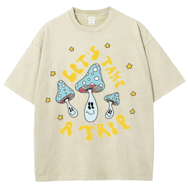 Lets Take A Trip Unisex Oversized Print Vintage Wash Denim T-Shirt