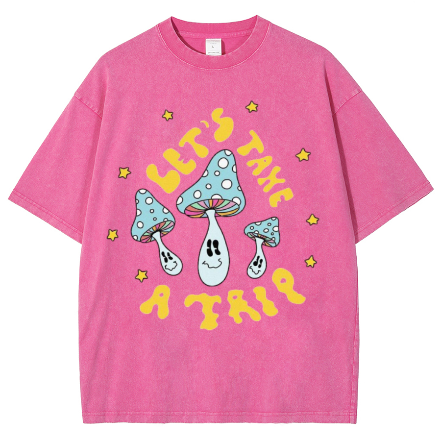 Lets Take A Trip Unisex Oversized Print Vintage Wash Denim T-Shirt