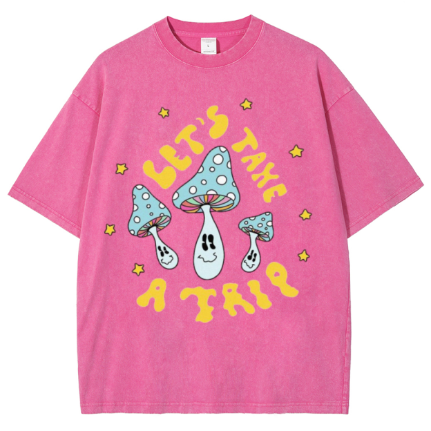 Lets Take A Trip Unisex Oversized Print Vintage Wash Denim T-Shirt