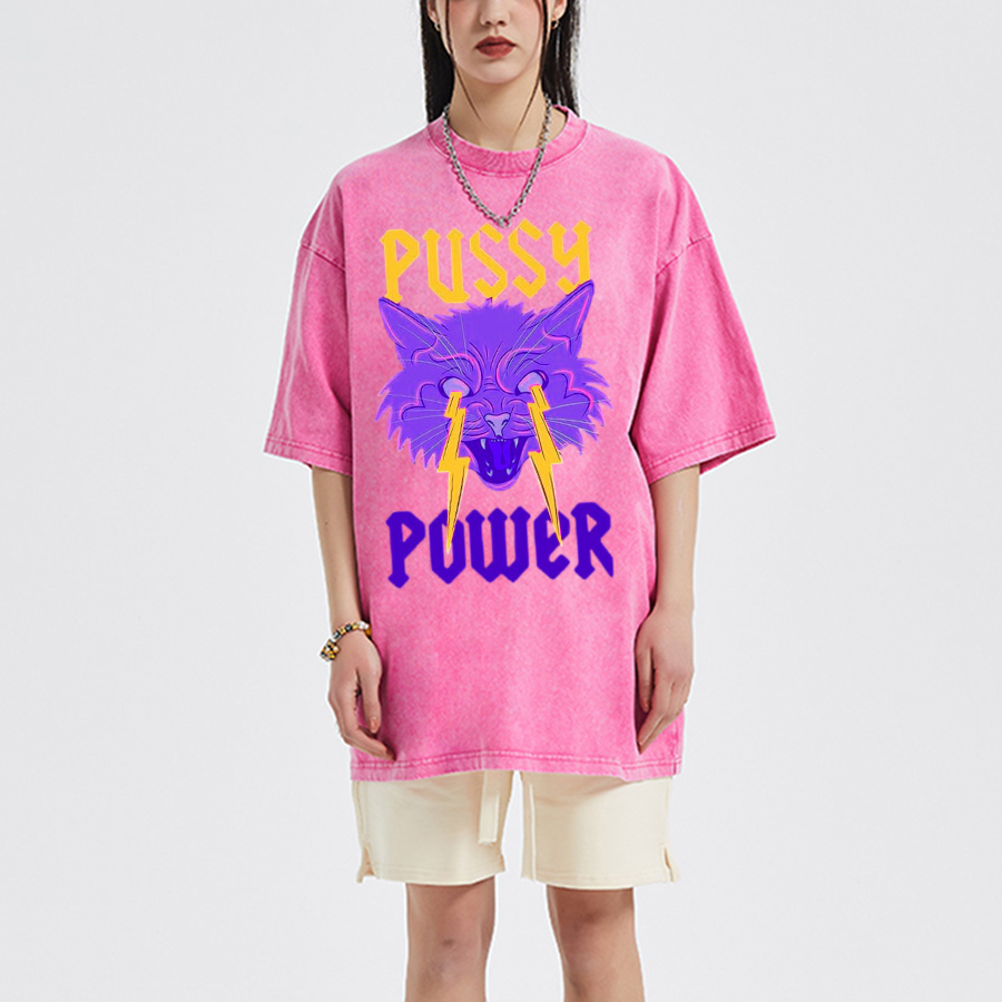 Pussy Power Unisex Oversized Print Vintage Wash Denim T-Shirt-Print-cool