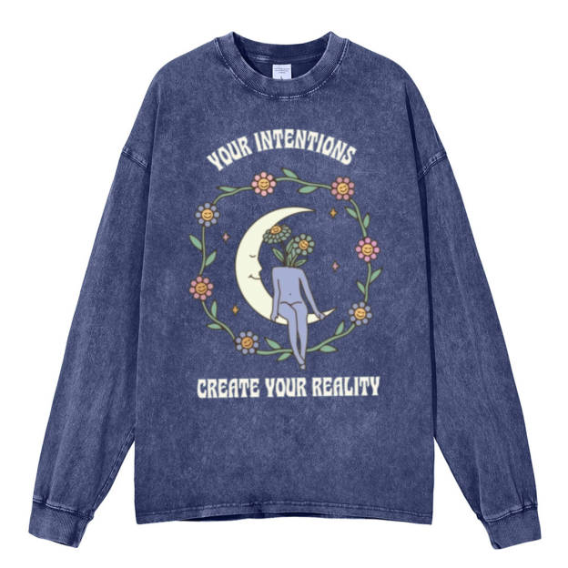 Your Intentions Unisex Casual Washed Printed Round Neck Long Sleeve T-shirt