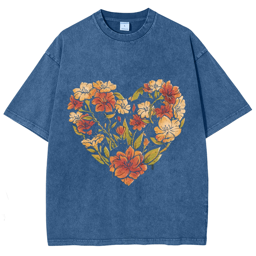 Flowers Cat Unisex Oversized Print Vintage Wash Denim T-Shirt-Print-cool