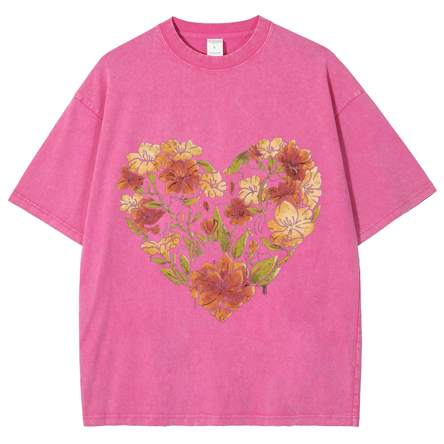 Flowers Cat Unisex Oversized Print Vintage Wash Denim T-Shirt-Print-cool