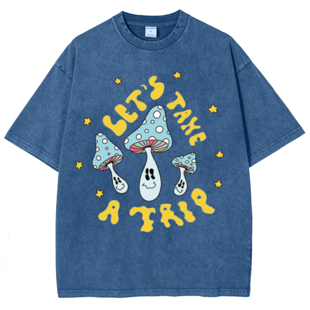 Lets Take A Trip Unisex Oversized Print Vintage Wash Denim T-Shirt