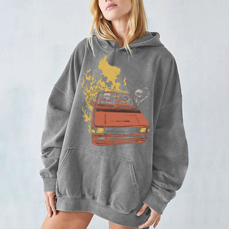Skull Car Unisex Printed Casual Washed Hoodie Sweatshirt-Print-cool
