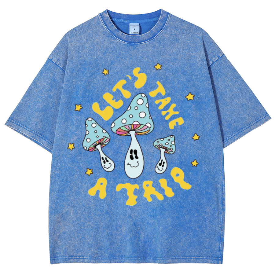 Lets Take A Trip Unisex Oversized Print Vintage Wash Denim T-Shirt