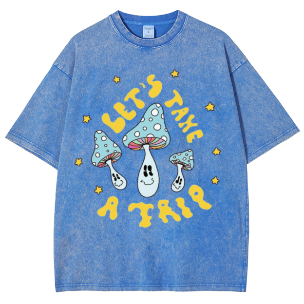 Lets Take A Trip Unisex Oversized Print Vintage Wash Denim T-Shirt