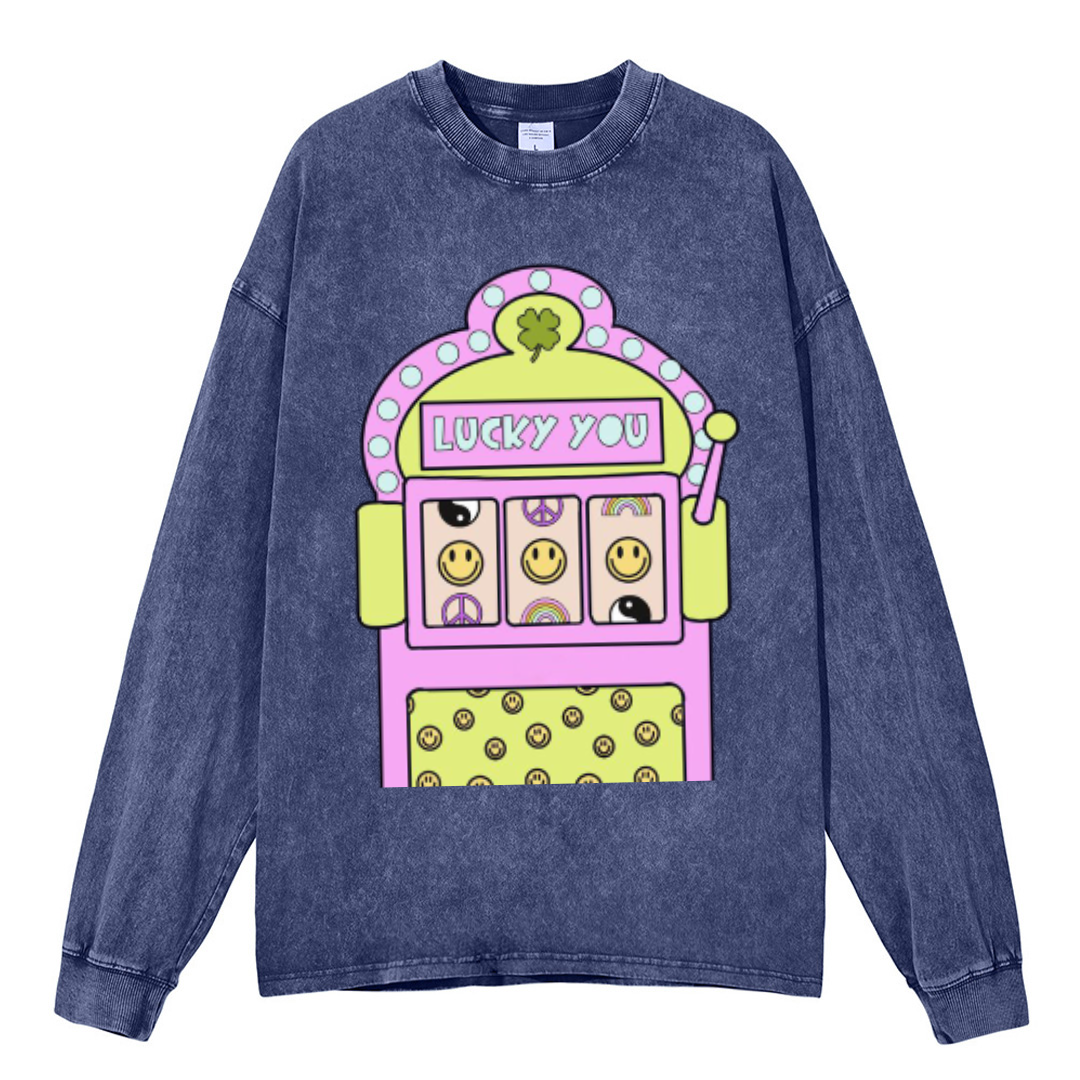 Lucky You Unisex Casual Washed Printed Round Neck Long Sleeve T-shirt