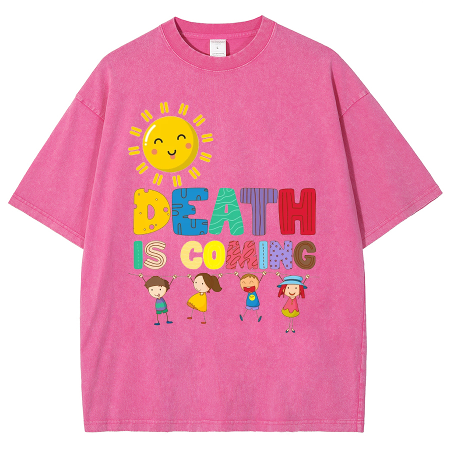 Death Is Coming Unisex Oversized Print Vintage Wash Denim T-Shirt