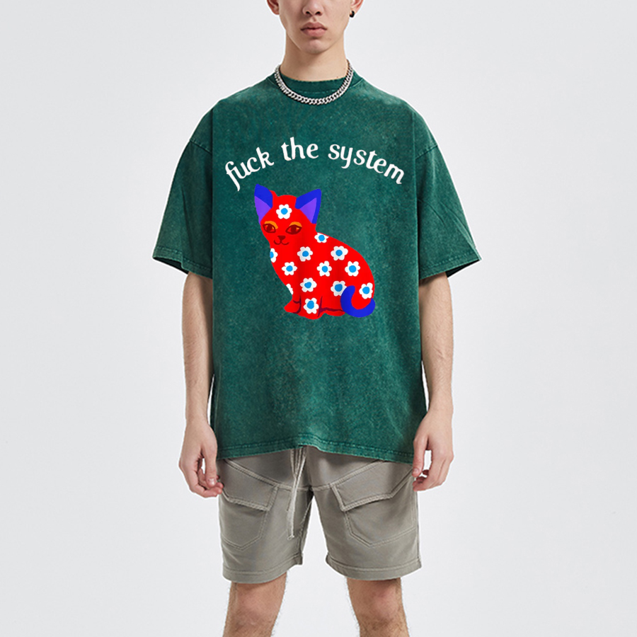 F The System Unisex Oversized Print Vintage Wash Denim T-Shirt-Print-cool