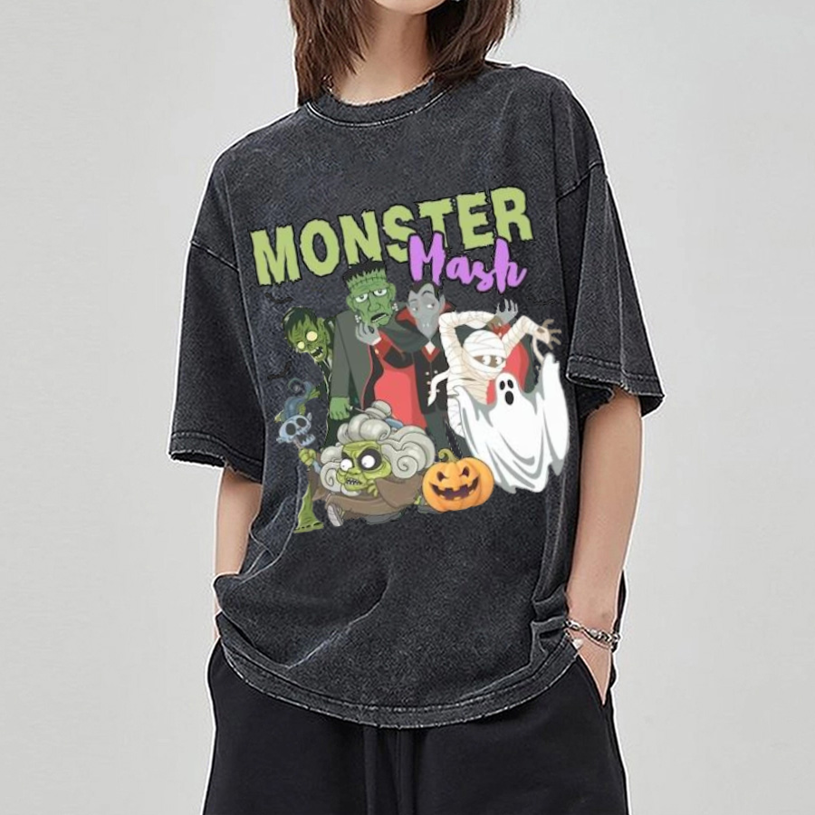 Monster Mash Unisex Printed Retro Washed Short Sleeved T-Shirt