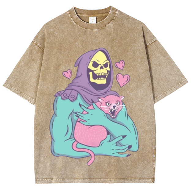 Funny Skull Cat Unisex Printed Retro Washed Short Sleeved T-Shirt