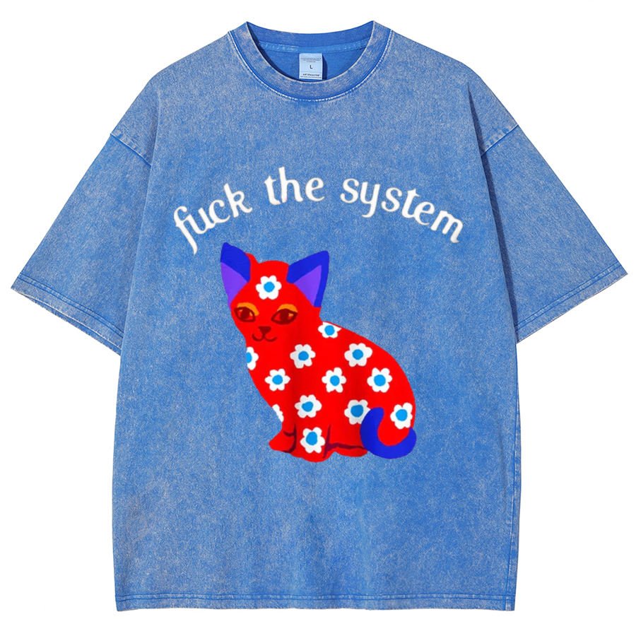 F The System Unisex Oversized Print Vintage Wash Denim T-Shirt-Print-cool