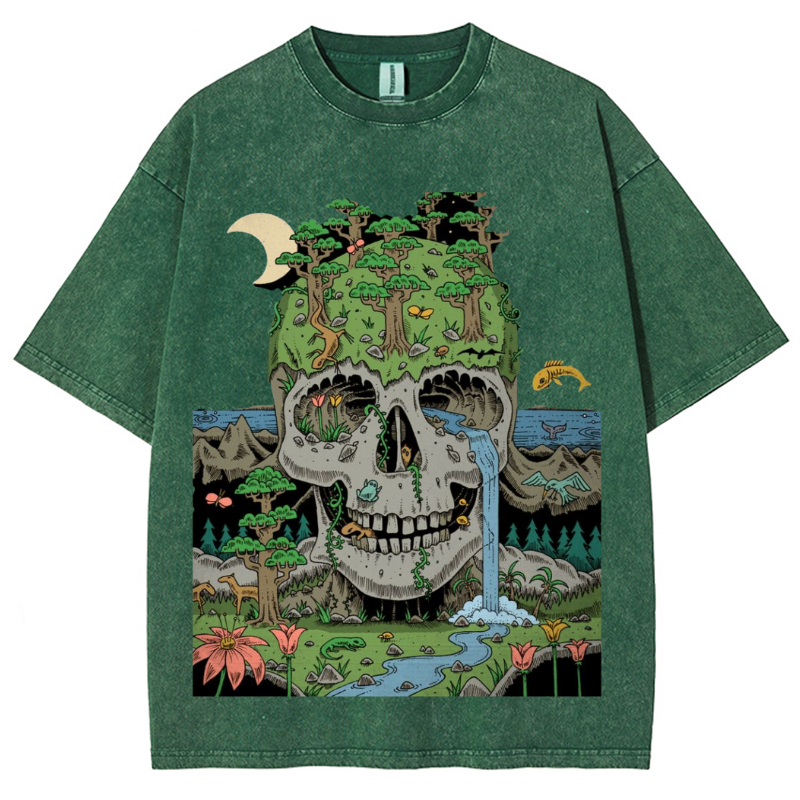 Skull Crying Unisex Vintage Solid Wash Denim T-Shirts-Print-cool